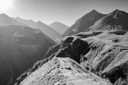 Black and white view from Gudauri Viewpoint on the E117 road in Caucasus Mountains, Georgia