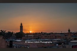 Sunset over the Koutobia from Le Grand Bazar restaurant terrace, Medina, Morocco