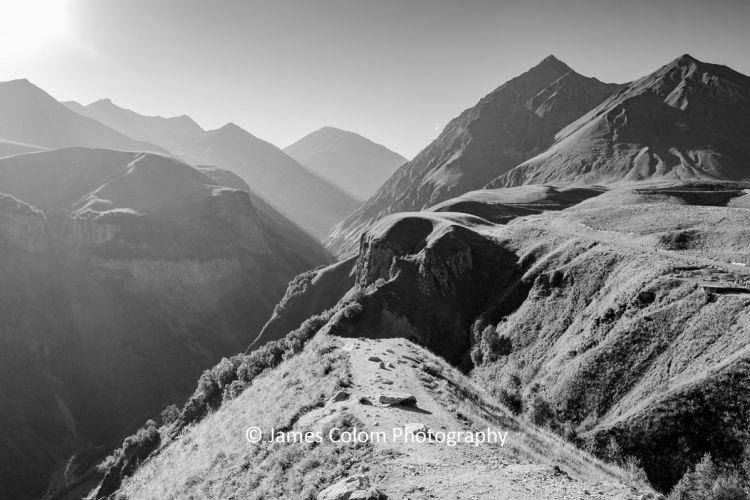 Black and white view from Gudauri Viewpoint on the E117 road in Caucasus Mountains, Georgia