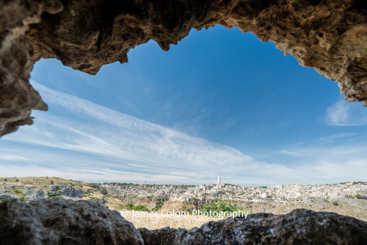 View of Sassi Matera from Grottos at Cappella di San Giovanni, Italy