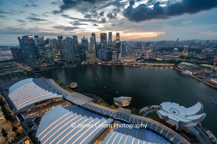 Sunset over Marina Bay and the Financial District from the top of Marina Bay Sands, Sinagpore
