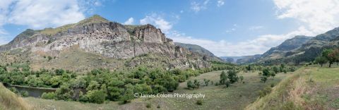 View of Vardzia Cave City and Mtkvari River Valley, Georgia, Caucasus