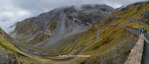 Climbing the Stelvio Pass in Fog, Swiss Alps near Italy, Switzerland